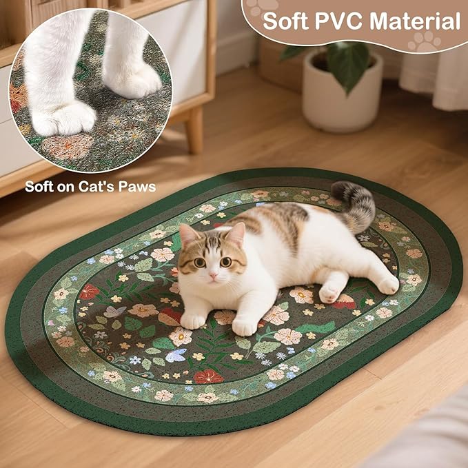 Bienbee Cat Litter Mat, 33" x 22" Large Size Litter Box Mat Rug with Non-Slip Bottom,Urine and Water Proof, Easy to Clean Cat Supplies Essentials for Indoor Kitty Kitten Floor,Green Flowers L