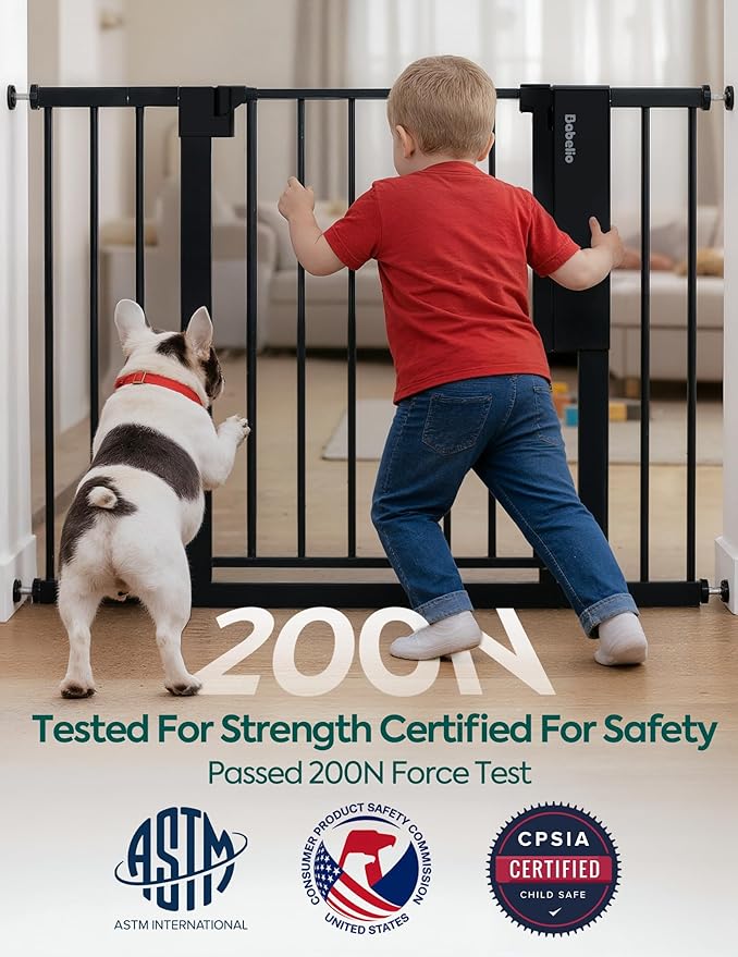 Babelio Smart Baby Gate with Auto-Unlock/Close, Pressure Mounted No Drill for Doorways/Top of Stairs. Pet/Dog Door Wide Walk Thru w/Infrared Sensor & Instant Safety Alert (Black, 30.3-47.2" W, 30" H)