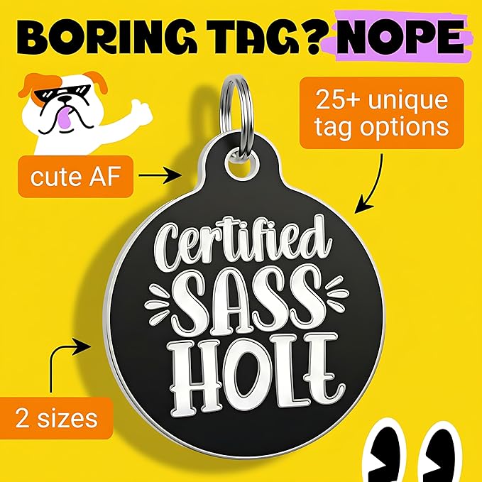 Bad Tags Personalized Dog and Cat ID Tags in 25+ Designs and 2 Sizes - 5 Lines of Custom Engraved Text - Funny Cute Personalized Pet Tags (Certified Sass Hole, Small (1 inch))