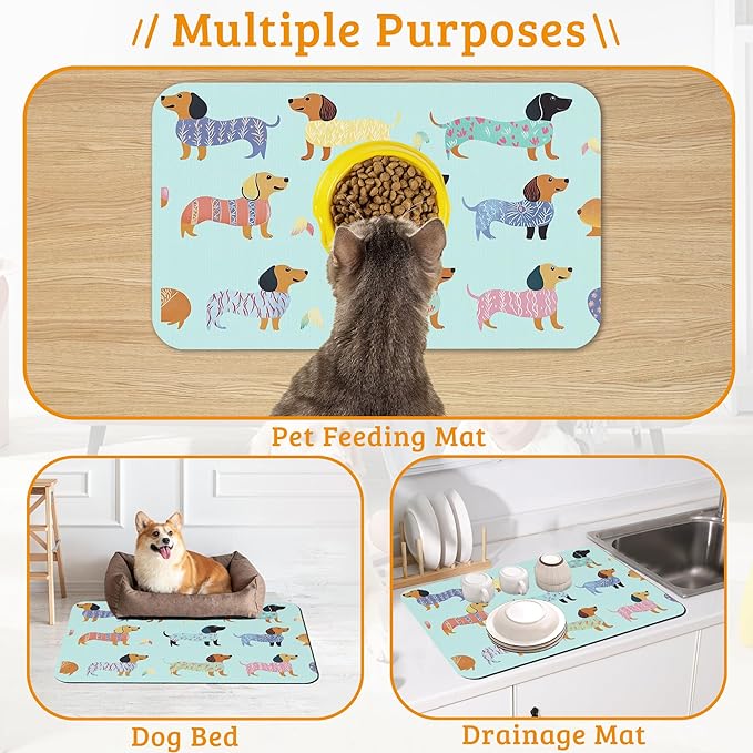 Dachshund Dog Cat Food Mat,Absorbent Waterproof Placemat for Food and Water Non Slip Rubber Backing Durable Feeding Pad for Clean Floors 12" x 20"