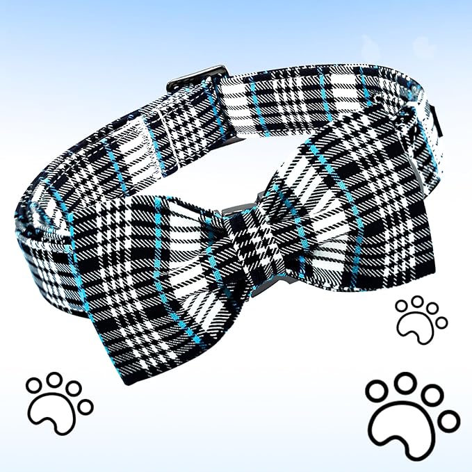 Lionheart glory Dog Bow Collar Blue and Black Plaid Dog Collar for X-Small Dogs,Boy Dog Collars with Bowtie Spring Summer Collars Soft Adjustable Pet Collar Bows