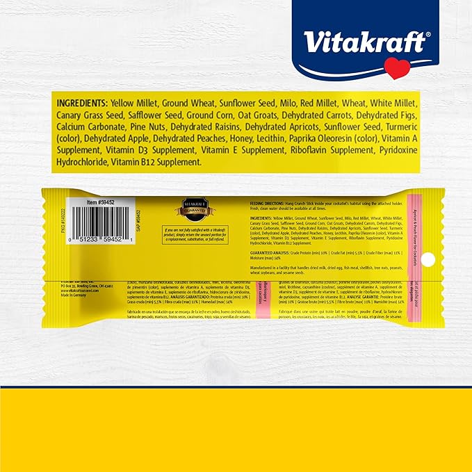Vitakraft Crunch Sticks Cockatiel Treat Apricot Peach Flavor - Triple Baked Long Lasting Bird Treats with Natural Wood Chew Center for Beak Health and Enrichment - 3.5 oz.