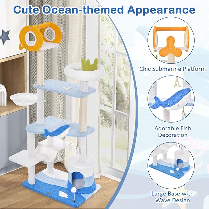 Tangkula Ocean-Themed Cat Tree, 3-Level Cat Tower with Sisal Scratching Posts, Condo, Perch, Hammock, Dangling Toys, Spring Ball, Sisal Rope, Cute Cat Activity Center for Indoor Cats (66 Inch)