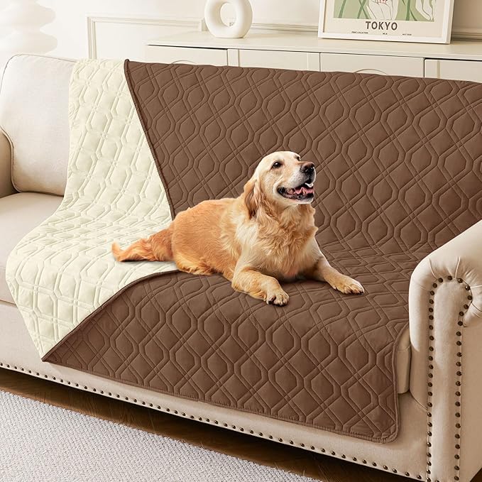 hyha Waterproof Dog Bed Blanket, Soft Pet Blankets, Waterproof Couch Cover for Dogs, Reversible Sofa Covers Washable for Furniture (68x82 Inch, Brown/Beige)