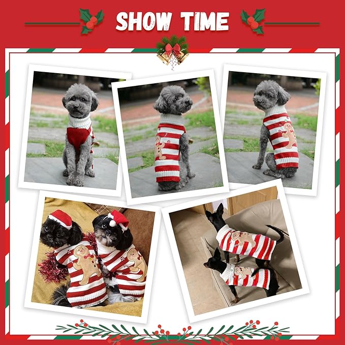 Dog Christmas Sweater Xmas Pet Clothes Cute Striped Gingerbread Man Costume Holiday Puppy Cat Jumpers Outfits New Year Gifts for Small Medium Large Dogs(Red Gingerbread Man,M)
