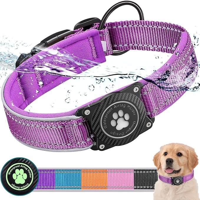 Airtag Dog Collar with Waterproof Air Tag Holder, Luminous Reflective, Soft Padded, Adjustable Nylon Pet Collar for Small Medium Large Heavy Duty Dogs,Purple, M