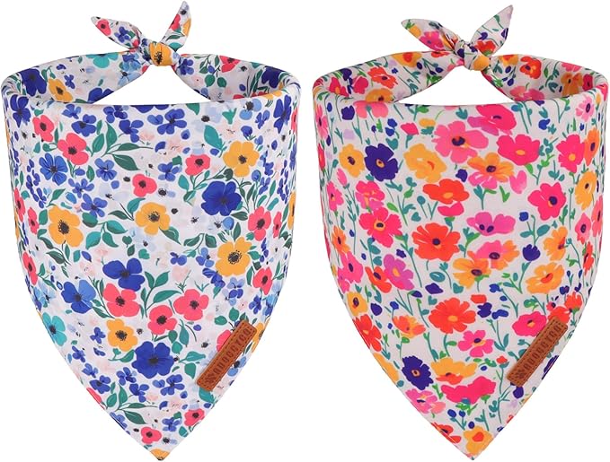 ADOGGYGO Floral Dog Bandanas 2 Pack, Reversible Cute Flower Scarf, Premium Fabric, Adjustable Fit Pink Blue Floral Bandanas for Small Dogs (Small)