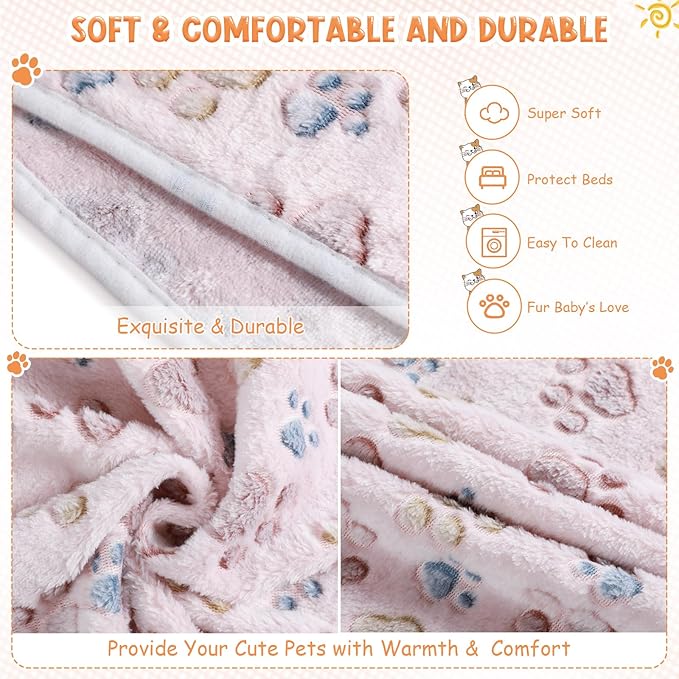 Tatuo 4 Pcs Dog Blanket for Pet Cat Blankets Indoor Puppy Teething Stuff Toys Paw Print Fleece Soft Blanket Sleep Mat for Guinea Pig Cage(Beige,X-Large(41 x 30 Inch),Square)