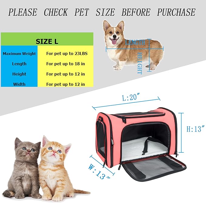 Soft Sided Carrier for Small Medium Cats Dogs ,Removable Pad Collapsible Travel Pet Carrier Large Watermelon