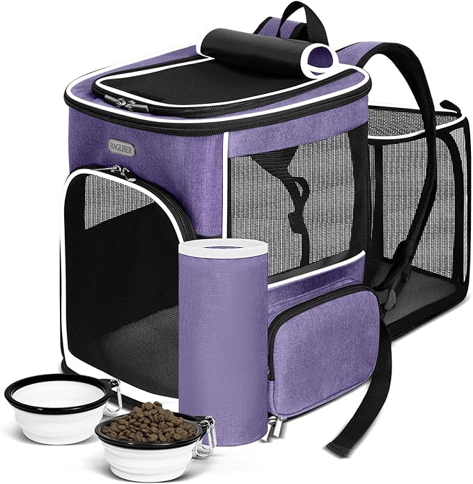 BAGLHER Expandable Cat Carrier Backpacks, Retractable Pet Carrier Backpack for Small Dogs & Cats with Breathable Mesh, Travel Bag Up to 18 Lbs for Hiking Camping Outdoor - Purple
