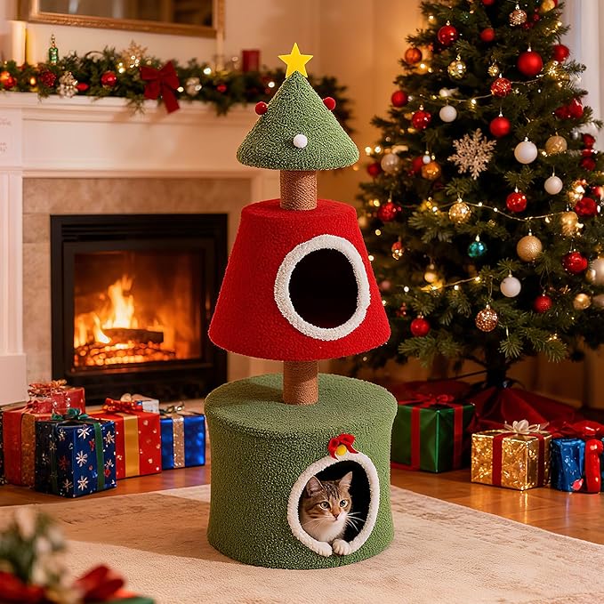 COSIEST 40in Tall Christmas Cat Tree Tower for Cats, Multi-Level Cat Tree House with Sisal Scratching Posts, Unique Kitty Condo & Kittens Play Activity Center for Christmas Decor, Red & Green