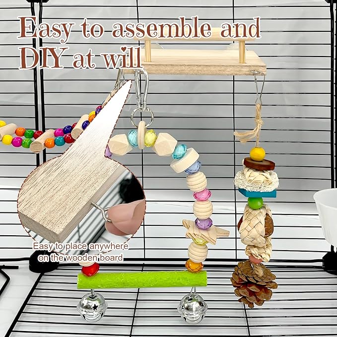 5-in-1 Parakeet Toys Set: Detachable Bird Playground with Wooden Perch, Swing, Ladder, & Platform Cage Accessories for Cockatiel, Conure, Lovebird, Budgie, Finch
