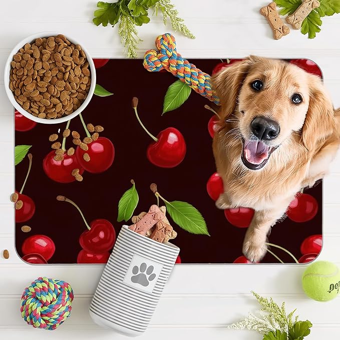 Red Cherry Pet Feeding Mat,Absorbent Quick-Dry Cat Dog Food and Water Bowl Mats,Non-Slip Rubber Backing Mat,Cat Dog Accessories Supplies 16"x24"