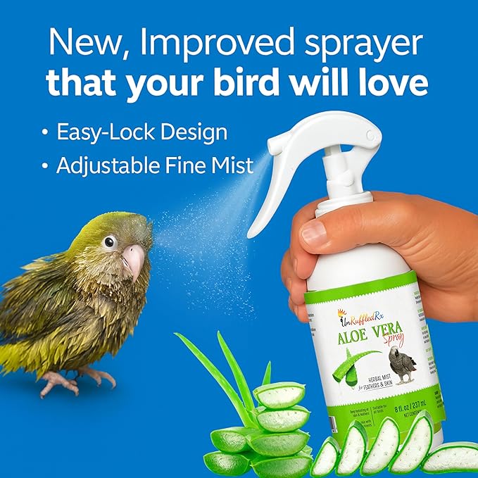 UnRuffledRx Aloe Vera Bird Spray for All Birds – Soothes Itchy Skin & Feather Plucking – 8oz Odor-Free Mist, Safe if Ingested, Daily Use Bird Mist, Softens Feathers, Natural Formula – Made in USA