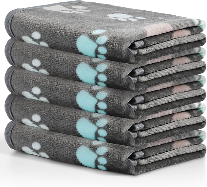 Tegeme 12 Pcs Pet Blankets Soft Fluffy Fleece Dog Cat Warm Paw Print Pattern Blankets Flannel Throw for Pets Dog Puppy Cat(23 x 16 Inch,Dark Gray)