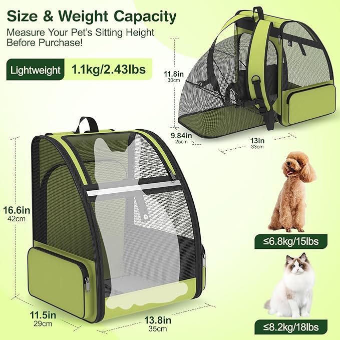 Cat Backpack Carrier for Travel Hiking: Expandable Foldable Breathable Mesh Soft Sided Ergonomic Design Small Dog Puppy Kitty up to 15lbs Camping Outdoor Green