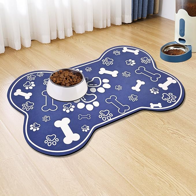 Dog Cat Mat for Food and Water,Rapid Absorbent Pet Feeding Mat, Bone Shaped Dog Placemat Bowl Mat with Rubber Backing,No Stains Pet Food Mats Indoor, Pet Accessories Supplies,Blue 16"×24"