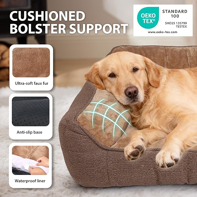 Orthopedic Dog Bed for Extra Large Dogs - Extra Thick Supportive Dog Couch Bed, Pet Beds Sofa with Waterproof Washable Cover & Non-Slip Bottom, Brown, 48x35 Inch
