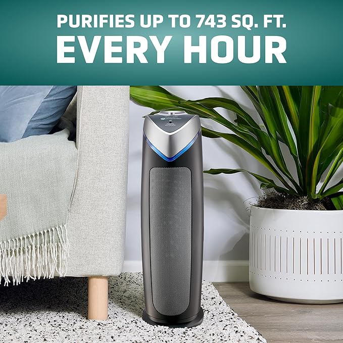 GermGuardian HEPA Air Purifier for Home, Large Rooms - 743 Sq. Ft. with HEPA Air Filter, UV-C Light & Odor Reduction, AC4825E, 22" Tower, Gray