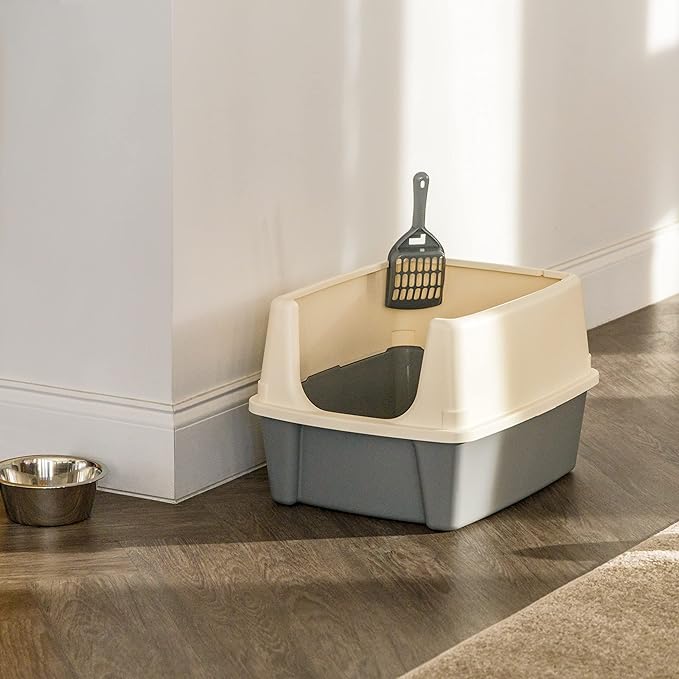Amazon Basics Large Cat Litter Box with High Sides, Open Top for Easy Access, Includes Scoop with Storage, 19" x 15" x 11.75", Grey/Beige