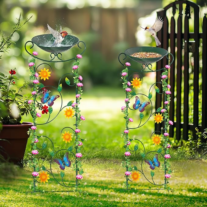 HONGLAND Metal Bird Bath with Trellis, 35" Outdoor Garden Birdbath with Detachable Bowl & Climbing Plant Support, Decorative Bird Feeder Station with Butterflies for Yard, Patio, Fence