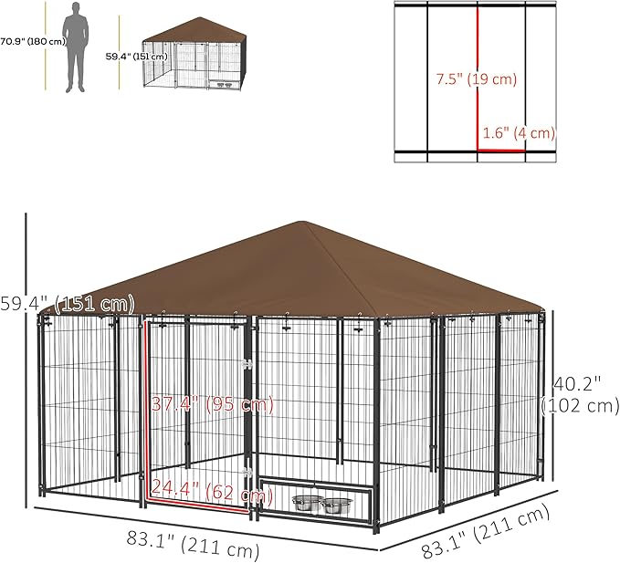 PawHut Outside Dog Kennel, 7' x 7' x 5' Puppy Play Pen with Canopy, Garden Playpen Fence Crate Enclosure Cage Rotating Bowl, for Dogs, Chickens, Ducks, Black