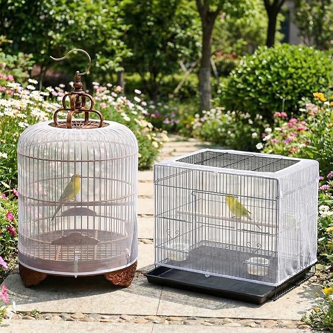 Bird Cage Seed Catcher, Adjustable White Bird Cage Net Birdcage Cover Skirt Nylon Mesh Netting, Stretchy Birds Cages Guard for Parrot Parakeet Macaw African Any Cages Cover