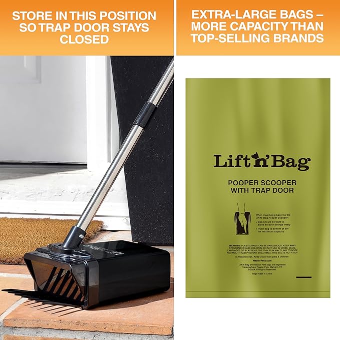 Neater Pet Brands Lift N’ Bag 2.0 Dog Pooper Scooper with Bag Attachment & 22" Pole for Small to Large Dogs, New & Improved Design, 60 Refill Bags, Heavy Duty Dog Poop Scooper for Yard, One-Hand Use
