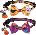 ADOGGYGO Halloween Cat Collars with Bow Bell, Orange Purple Pumpkin Bowtie, Breakaway Halloween Collars for Cats Kittens