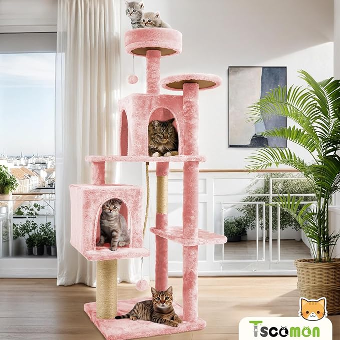 58.5inch Large Cat Tree Tower Condo for Indoor Cats, Soft Plush Multi-Level Climbing Tree Cat House with 1 360° Rotating Cat Cave, Scratching Post, More Entrance/Exit, Sisal Rope, Pink