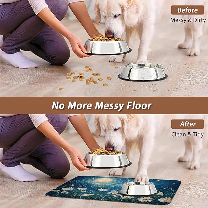 Starry Night Pet Feeding Mat,Moon Daisy Flower Absorbent Quick-Dry Cat Dog Food and Water Bowl Mats,Non-Slip Rubber Backing Mat,Cat Dog Accessories Supplies 16"x24"