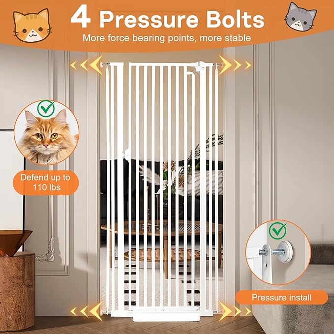 71“ Extra Tall Cat Gate for Doorway: 37.4-41.3” Wide Pet Gate, Auto Close/One Handed Open, 1.34” Extra Small Gap, No Drill Pressure Mount Tall Cat Gate for Interior Stairs/Kitchens/Hallways (White)