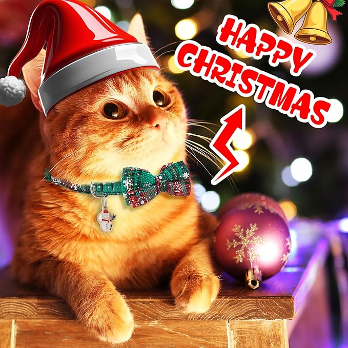 6 Pack Christmas Cat Collar with Bow Tie Bandana and Bell, Breakaway Adjustable Cat Bow Tie Collars, Xmas Accessories for Kittens Or Certain Puppies