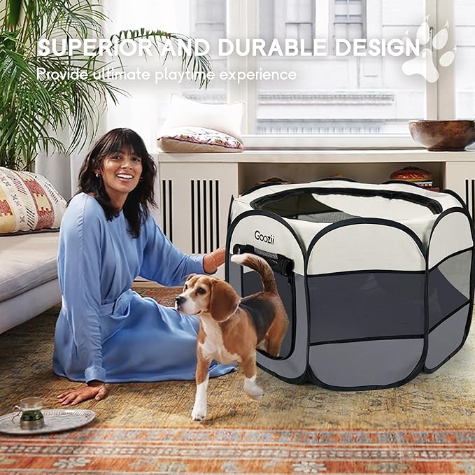 Pet Cat Playpen for Indoor Cats Enclosed, Puppy Dog Play Pen for Outdoor Travel Camping (Small Size, Beige & Dark Grey)