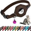 Breakaway Airtag Cat Collar with Removable Bell - Leather Pet Collar with Apple Air Tag Holder - Adjustable GPS Collars for Girl Boy Cats Kitten Puppy - Lightweight, Cute and Comfortable (Chocolate)