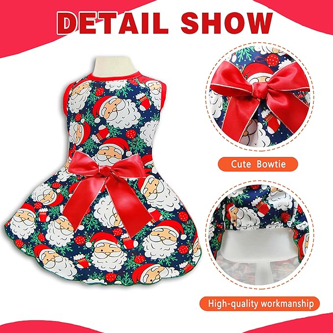 Pohshido Christmas Dog Dress, Winter Holiday Santa Claus Skirt with Cute Bow for Boys and Girls Small Pet Puppies Doggie