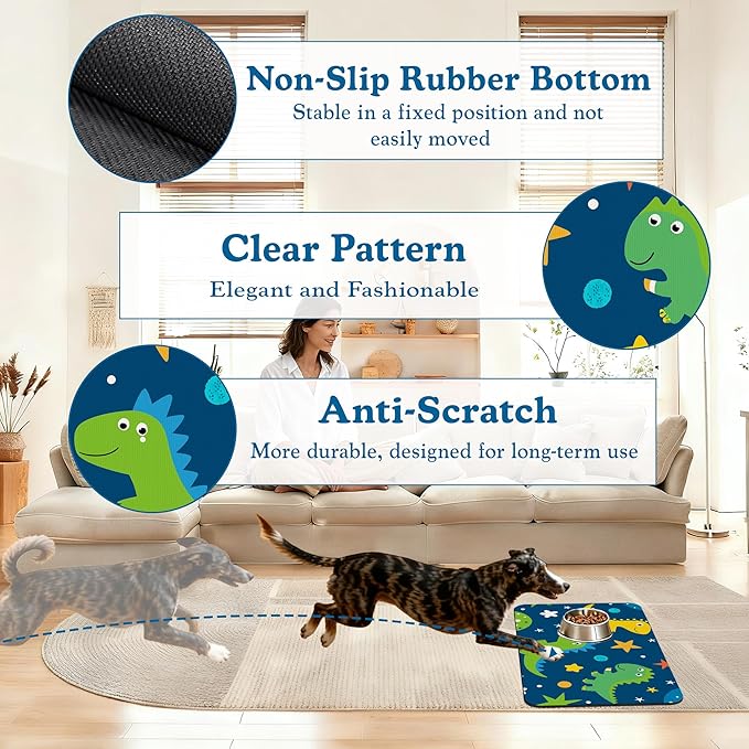 Cartoon Dino Pet Feeding Mat–Christmas Stocking Quick Dry Absorbent Dog Cat Food Mat, Non Slip Waterproof Bowl Placemat for Messy Eaters, Pet Accessories for Floors 12"x20"