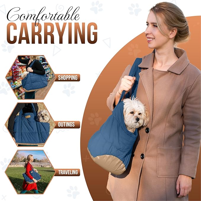 Plush Dog Purse Carrier for Small Dogs, Soft Dog Tote Bag with Safety Harness Clip, Cozy Pet Carrier for Dogs Under 15 lbs, Comfortable Dog Shoulder Carrier for Travel, Dark Blue