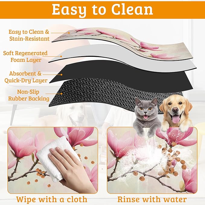 Pink Magnolia Feeding Mat,Vintage Flowers Absorbent Quick-Dry Cat Dog Food and Water Bowl Mats,Non-Slip Rubber Backing Mat,Cat Dog Accessories Supplies 12" x 20"