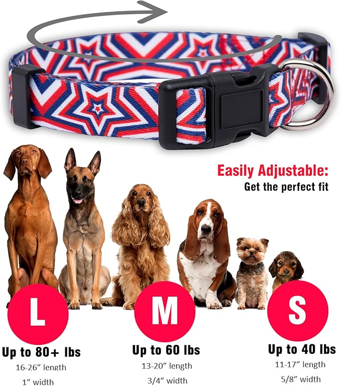Native Pup American Flag Dog Collar- Red White and Blue- Patriotic Collars for 4th of July, USA- Adjustable Small, Medium, Large Breed Dogs (Small, Big Stars)