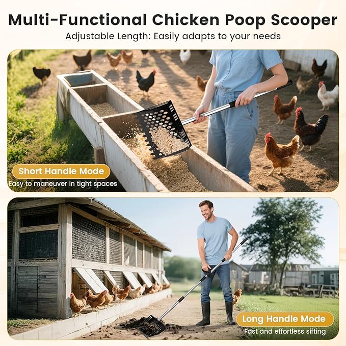 Chicken Poop Scooper and Rake, 2-in-1 Metal Sand Sifting Shovel with 24-68 Inch Adjustable Stainless Steel Handle, Cleaning Tools for Outdoor Chicken Coops, Farm Animals House