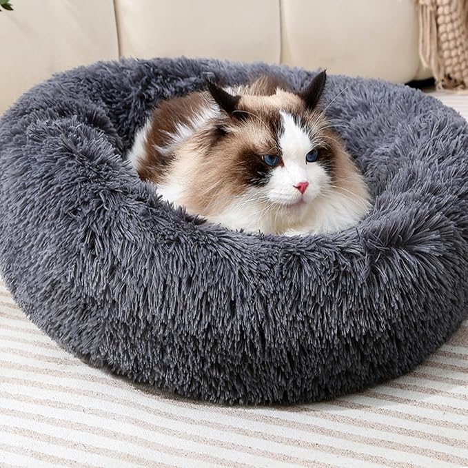 Calming Donut Cat Bed Dog Bed Round Plush Pet Cushion Fluffy Rabbit Cave Warm Dog Couch Non Slip Bottom for Pets Up to 10KG