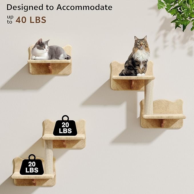 9-in-1 Cat Wall Shelves, Wall Mounted Cats Furniture Set with Plush Fabric, Cat Climbing Wall Systems, Cats Shelf Furniture with Condos, House, Steps, Bridge Ladder, Scratching Post, Beige