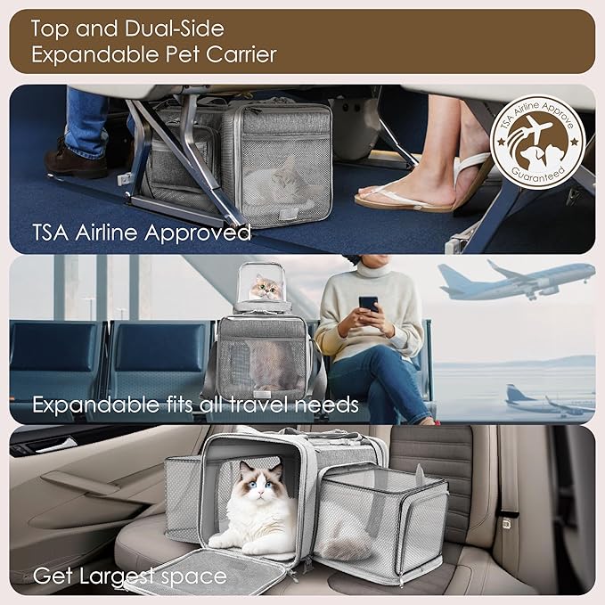 Top and 2 Sides Expandable Pet Carrier 17x11x9.5, TSA Airline Approved Small Dog Carriers for Small Dogs, Soft-Sided Cat Carrier with Self-Locking Zippers for Kitten,Rabbit, Puppy, Guinea Pig Grey