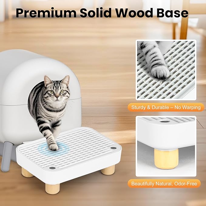 Litter Box Step, Litter Box Ramp/Catcher with Wooden Base, Anti-Tracking & Easy to Clean, Ideal for Small & Elderly Cats (White)