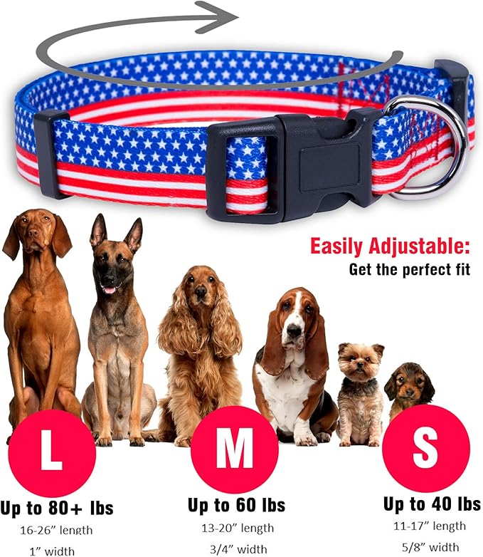 Native Pup American Flag Dog Collar- Red White and Blue- Patriotic Collars for 4th of July, USA- Adjustable Small, Medium, Large Breed Dogs (Large, Flag II)