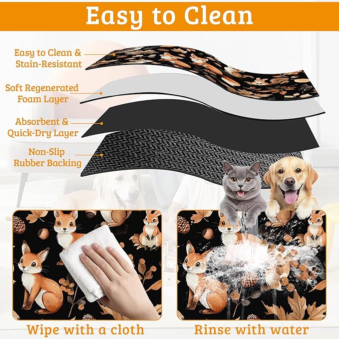 Cute Squirrel Dog Cat Food Mat,Bird Fox Absorbent Waterproof Placemat for Food and Water Non Slip Rubber Backing Durable Feeding Pad for Clean Floors 16" x 24"