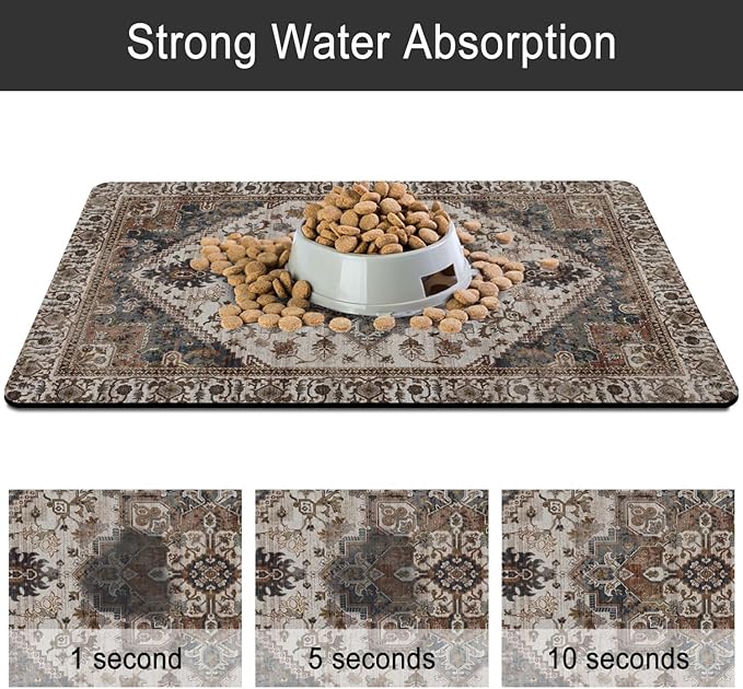 Dog Food Mats for Floors, Absorbent and Quick-Drying Pet Cat Food Mat,Anti-Fouling and Easy-to-Clean Pet Feeding Mat,Dog Bowl Mat for Messy Drinking Water Bowls.17 x32, Bohemia Style