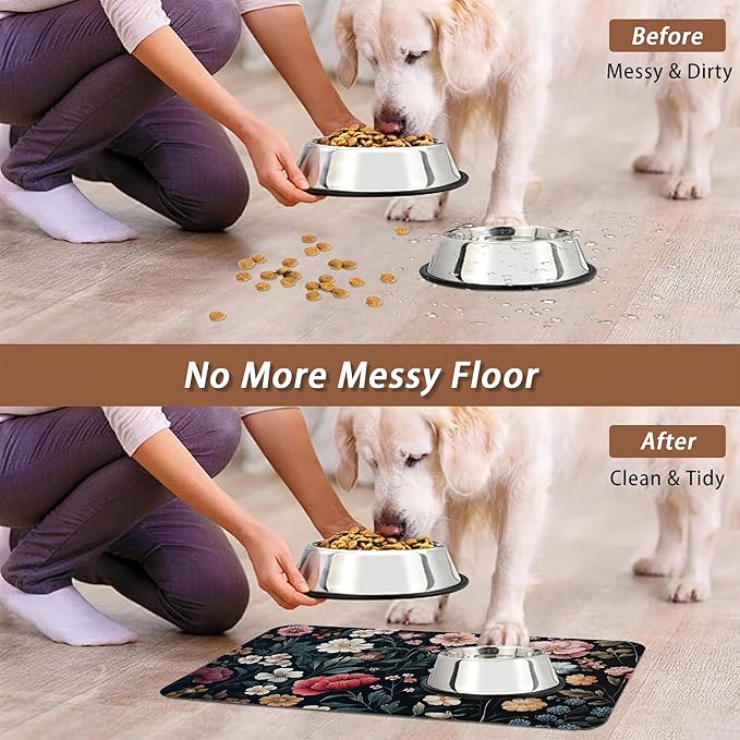 Floral Boho Dog Cat Food Mat,Pink Flower Vintage Absorbent Pet Feeding Mat with Rubber Backing,Non-Slip Water Bowl Placemat,Indoor Pet Accessories Supplies 16"x24"