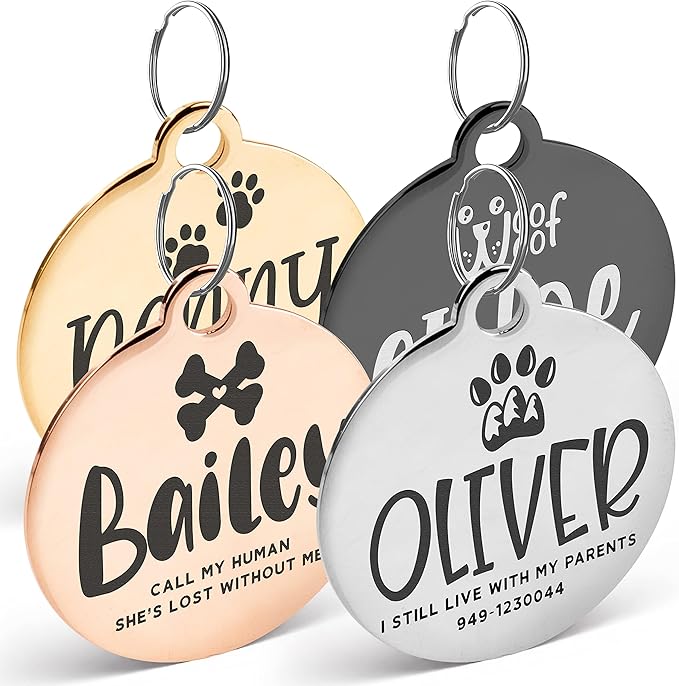 Engraved Pet ID Tags for Cats, Dogs - 4 Color & 5 Shape Options, Personalized w/ 20 Icons, Name, Address, Phone Number - Accessories for Four Legged Friends, Stainless Steel #Round - Silver